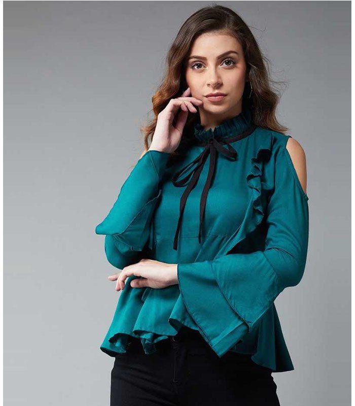 Casual Bell Sleeve Solid Women Green Top