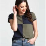 Casual Regular Sleeve Color Block Women Dark Blue, Dark Green Top