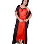 Kanik Women Nighty with Robe  (Black, Orange)