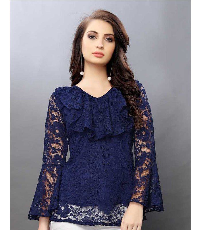 Selvi Casual Bell Sleeve Self Design Women Dark Blue Top