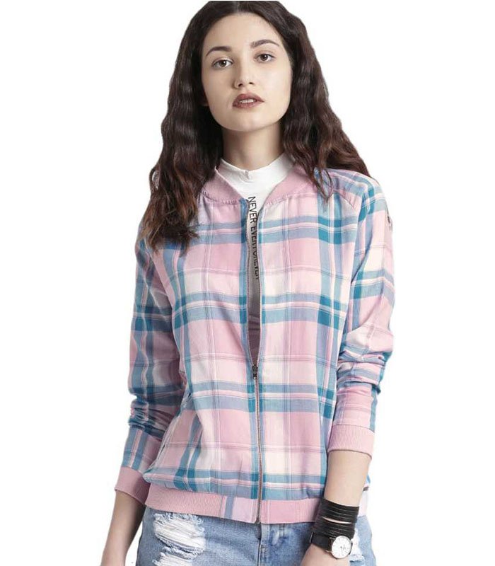 ROADSTER Full Sleeve Checkered Women Bomber Jacket