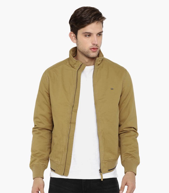 Men Khaki Solid Bomber Jacket