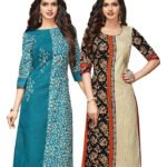 Prints Women Printed Pure Cotton Straight Kurta (Blue, Beige)