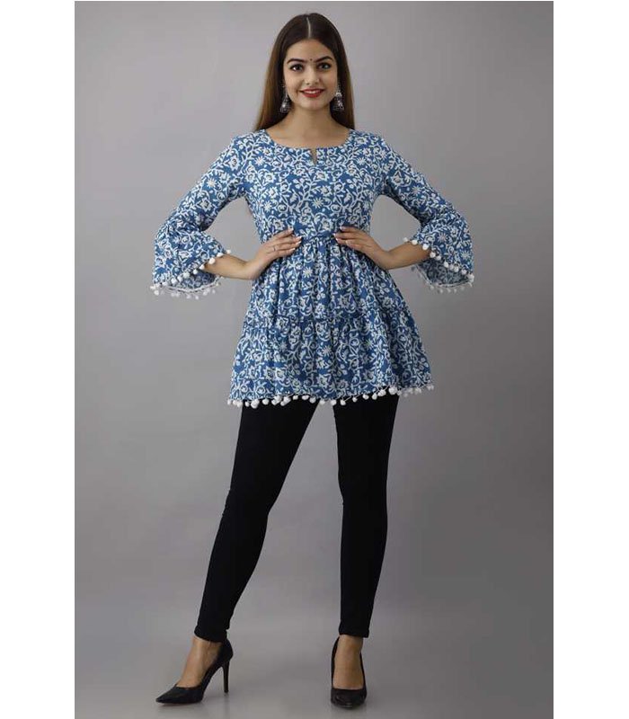 Casual Bell Sleeve Floral Print, Printed Women Light Blue Top