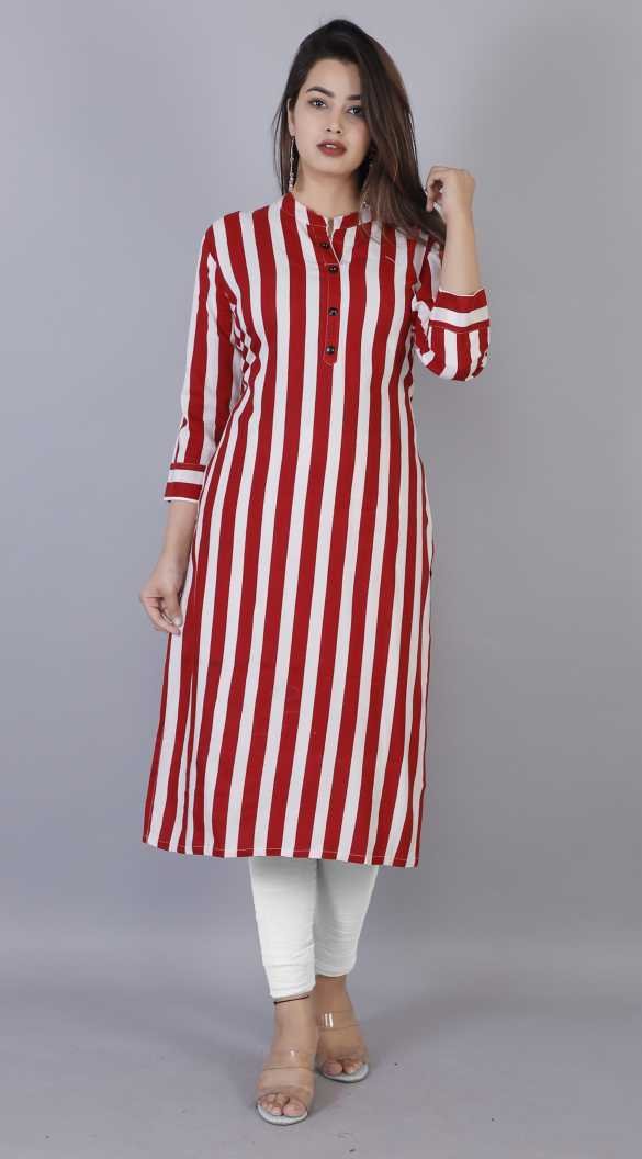 Women Striped Cotton Rayon Blend Straight Kurta