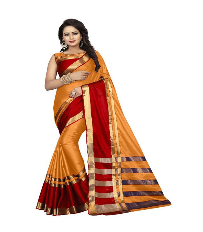 Striped Dharmavaram Cotton Silk Saree  (Mustard)