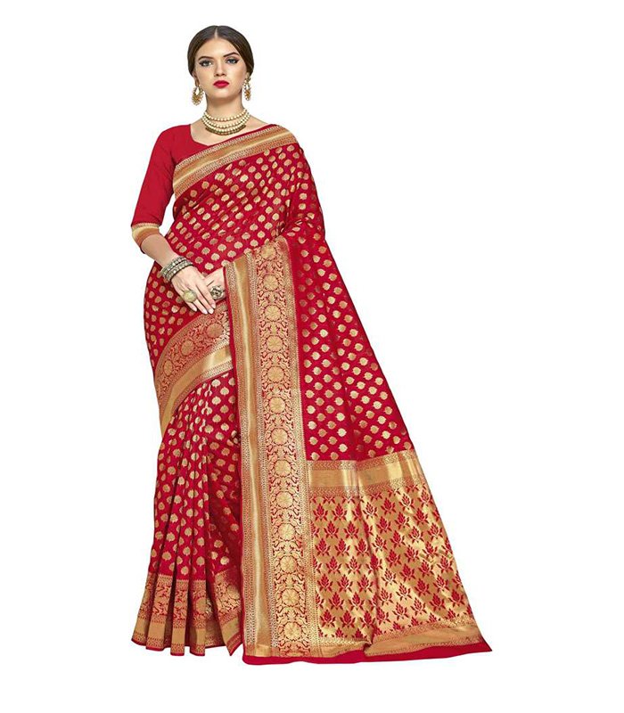 Woven Banarasi Silk Blend, Jacquard Saree  (Red)