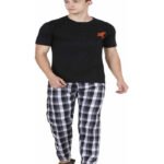 Men Solid, Checkered Black Top & Pyjama Set