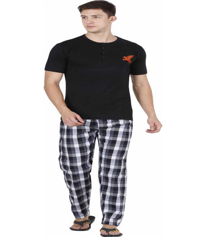 Men Solid, Checkered Black Top & Pyjama Set