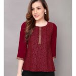 Casual 3/4 Sleeve Geometric Print, Printed Women Maroon Top